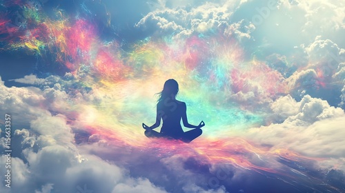 Woman meditating in lotus position on clouds, surrounded by vibrant, colorful energy.