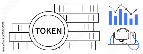 Stack of digital tokens labeled Token beside a blue bar graph and cryptocurrency wallet. Ideal for finance, blockchain, digital assets, trading, investment, fintech, and crypto education. Line