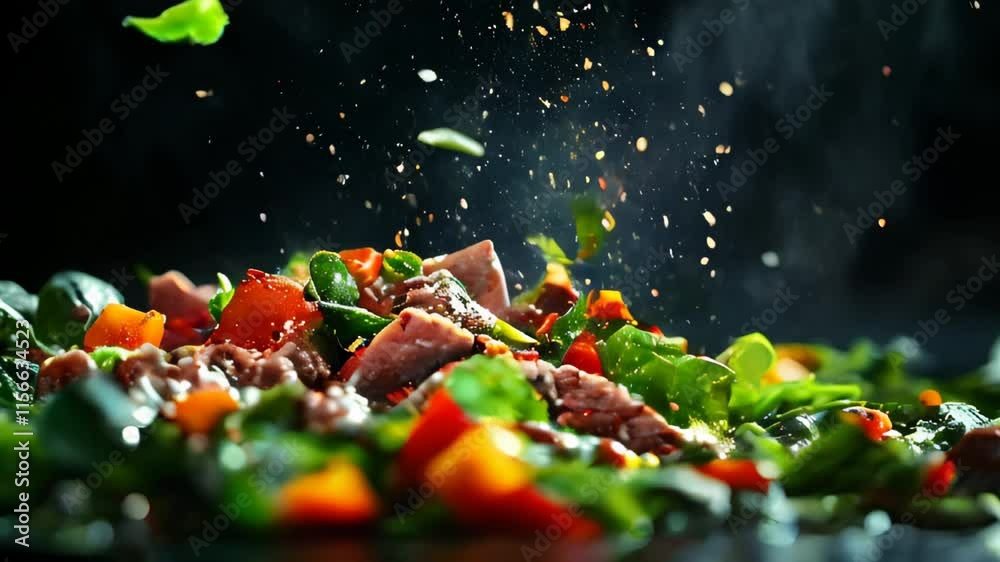 Fresh salad ingredients flying mid air. vibrant tomatoes, greens, and spices on dark background. Concept of healthy cooking