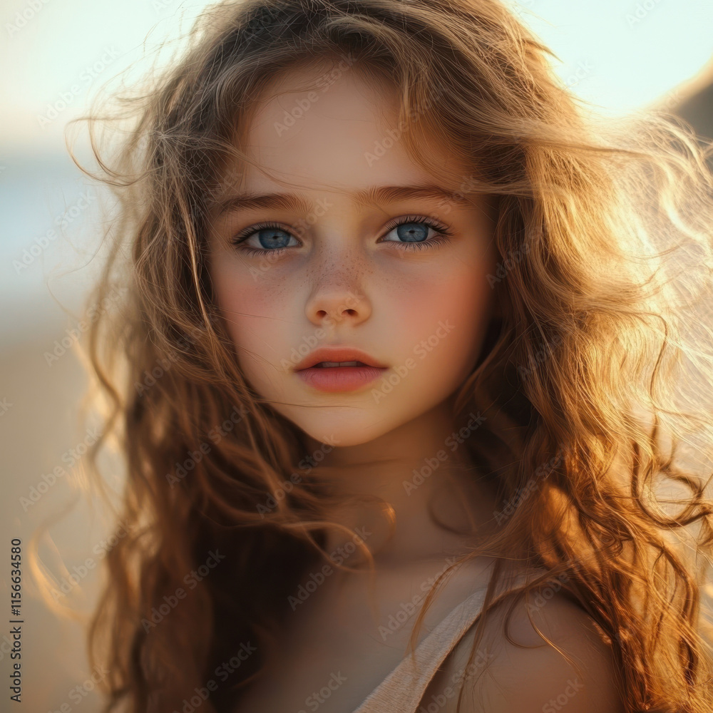 A little girl with golden curly hair shining in the sunshine A little girl with golden curly hair shining in the sunshine