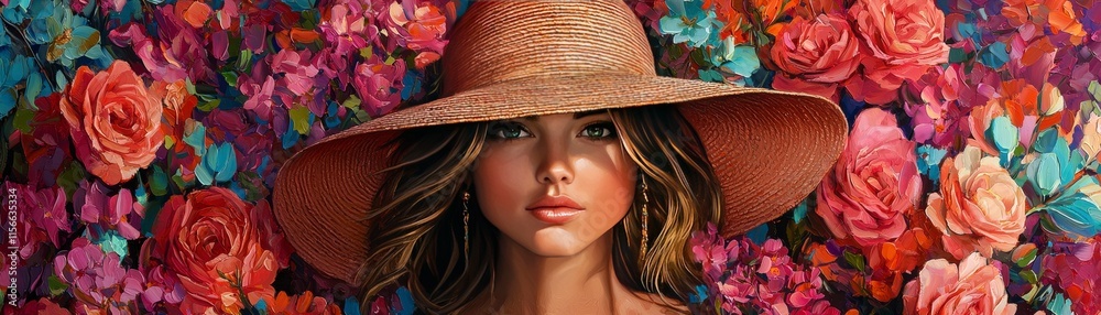 Woman in Straw Hat Amidst Vibrant Blooms Woman in Straw Hat Amidst Vibrant Blooms