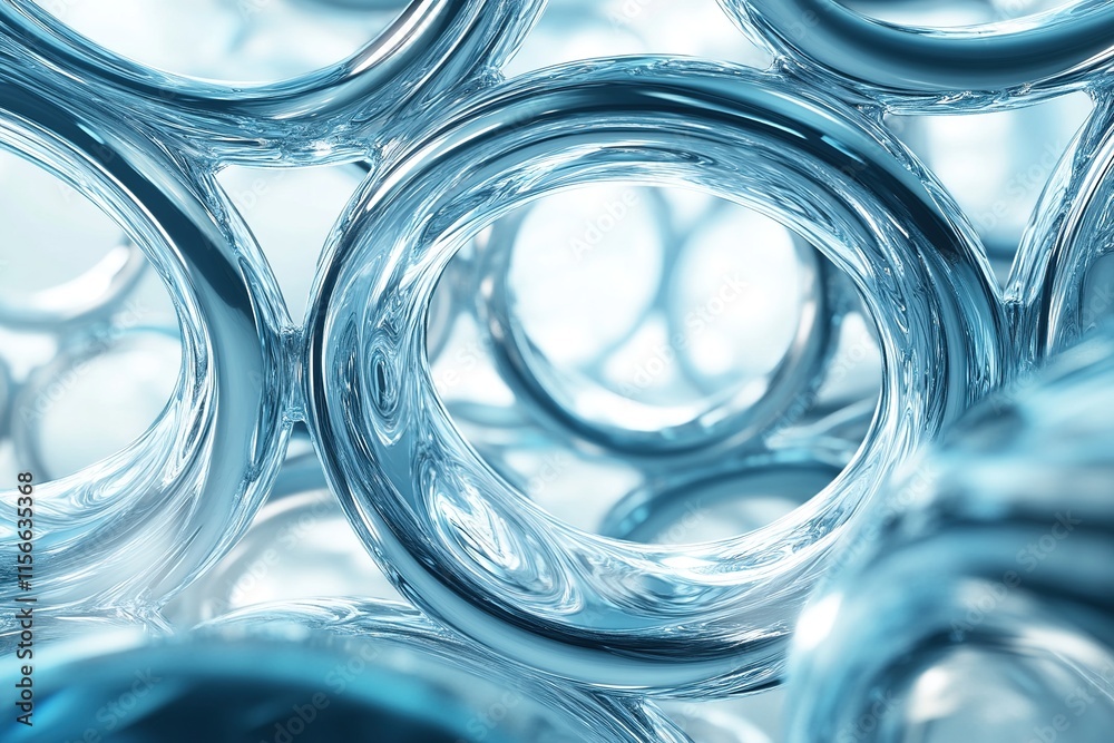 Abstract close-up of transparent glass rings with smooth surfaces and a soft blue tint, creating a futuristic and elegant design with fluid and reflective qualities Abstract close-up of transparent glass rings with smooth surfaces and a soft blue tint, creating a futuristic and elegant design with fluid and reflective qualities