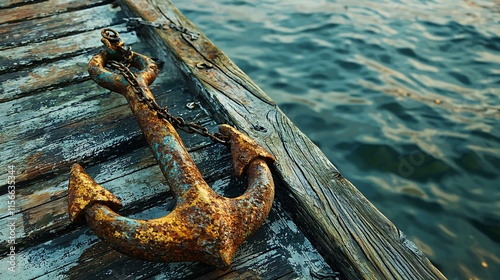 A rusted anchor on a dock illustrates maritime heritage, featuring corroded metal against aged wood, capturing the timeless narrative of ships and sailors from the past.