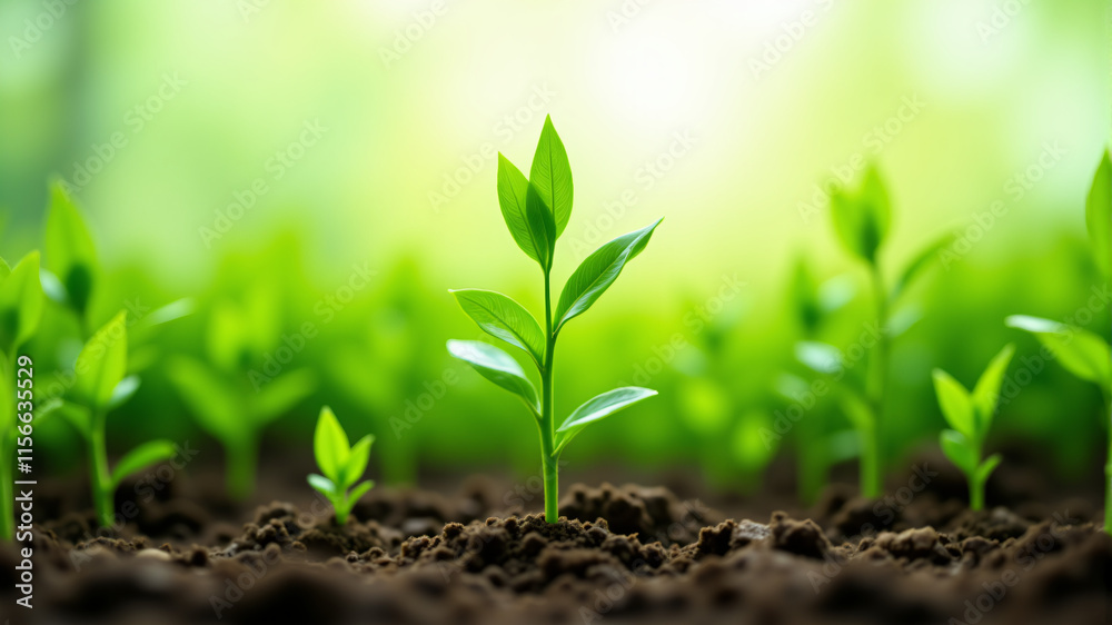 This image showcases vibrant green seedlings emerging from rich, dark soil in a lush environment. This image showcases vibrant green seedlings emerging from rich, dark soil in a lush environment.
