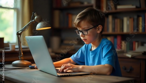 a boy is typing on a laptop and a lamp is turned on person working on laptop