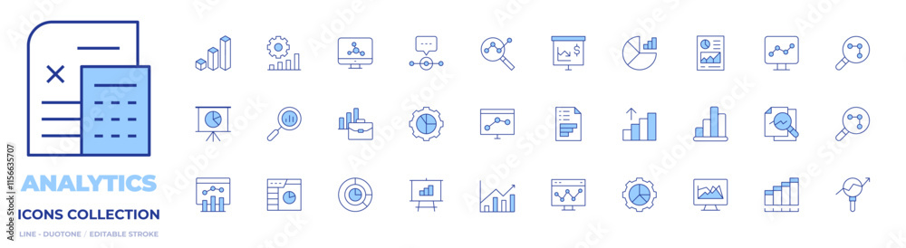Analytics icons collection. Line Duotone style, editable stroke. computer, graphic, graph, growth chart, spreadsheet app, analysis, speech bubble, data analytics, gear Analytics icons collection. Line Duotone style, editable stroke. computer, graphic, graph, growth chart, spreadsheet app, analysis, speech bubble, data analytics, gear
