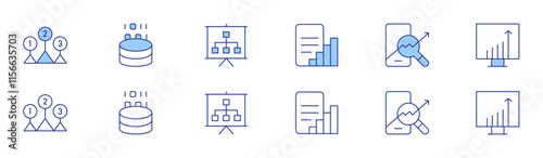 Analytics icon set in two styles, Duotone and Thin Line style. Editable stroke. traffic, presentation, levels, report, data analytics, trading