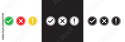 Cross, exclamation and check mark icon. Tick and cross sign business concept.  Vector illustration. isolated on white and black background. EPS 10