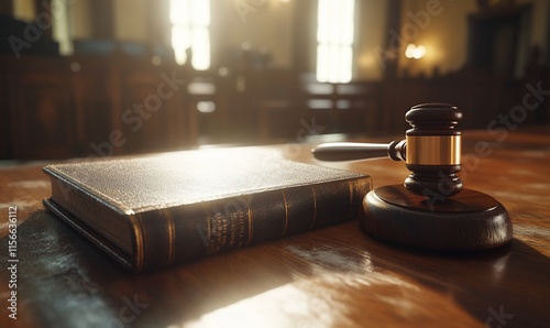 A gavel and a law book on a wooden table in a courtroom setting. photo