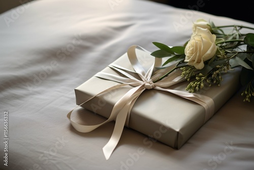 A beautifully wrapped gift with silk ribbon and a handwritten note on a sleek table evokes cherished memories and emotions. photo