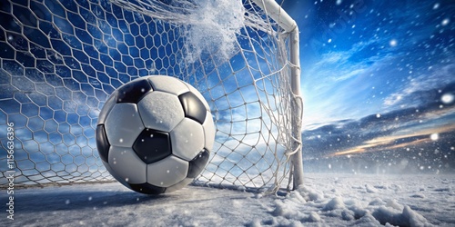 Snowy Soccer Scene with Ball in Net photo