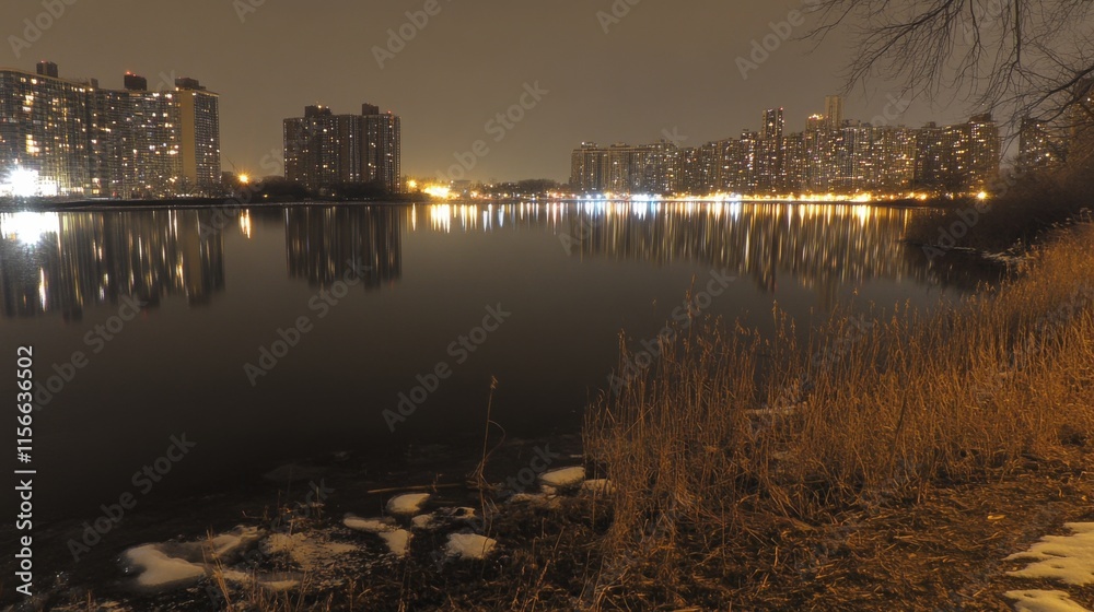 Fototapeta premium Nighttime City Skyline with Reflections in Water