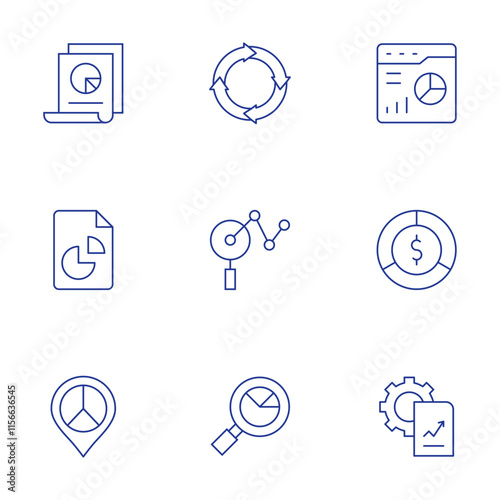 Analytics icons set. Thin Line style, editable stroke. analytics, cycle, data analytics, pie chart, search