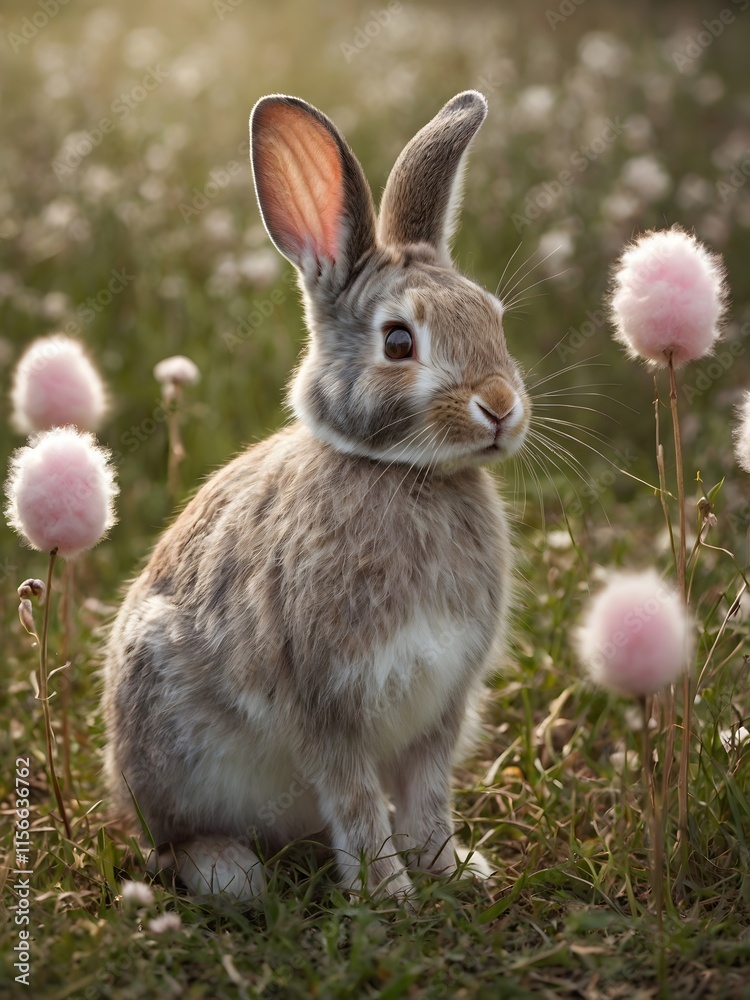 Serene Meadow: Rabbit Among Pink Blooms Serene Meadow: Rabbit Among Pink Blooms
