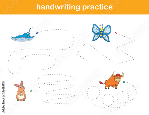 Handwriting Practice. Tracing lines for kids with animals. Vector Illustration
