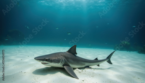  Hammerhead shark swimming near the ocean floor with soft lighting, minimalistic underwater scene