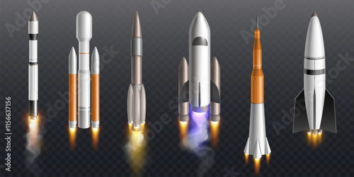 Realistic space launch of vehicles with various spaceship designs - modern rockets emitting bright engine flames and exhaust smoke. 3d vector set futuristic aerospace transport for cosmos exploration.