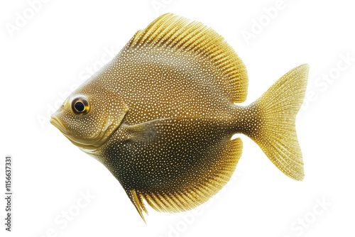 Tropical fish Flatfish featuring intricate spotted gold scales, detailed texture, isolated on white transparent background. Concept of aquatic beauty and marine life