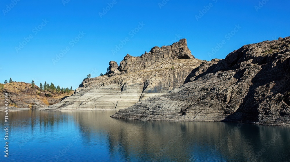 Rocky shoreline reflecting on calm lake water under a clear blue sky. Rocky shoreline reflecting on calm lake water under a clear blue sky.