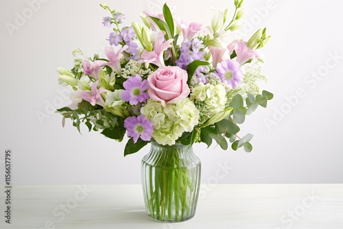 A delightful floral arrangement of fresh pastel blooms in a clear glass vase, complemented by lush greenery, ideal for enhancing any setting or celebration. photo