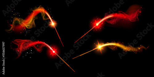 Magic wand sparkle effects set - luminous red and golden energy trails with glowing particles and bright flares on dark background. Mystical spell casting elements for fantasy or sorcery game design.