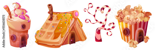 Candy land houses set isolated on white background. Vector cartoon illustration of ice cream cup with windows and door, waffle hut, caramel cane tree, sweet popcorn box, game landscape design elements