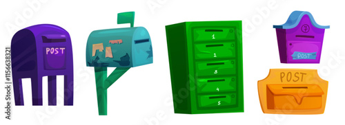 Vintage mailboxes set isolated on white background. Vector cartoon illustration of color letterboxes for mail, postal service, containers for message or parcel delivery, home address numbers on cells
