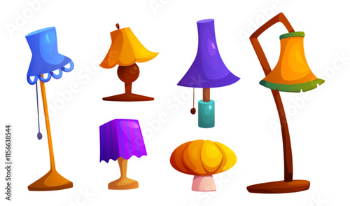 Table and floor lamp collection - curved blue standing light, purple wavy lampshade, crimson table illumination, orange cylindrical fixture and decorative pink sphere desk light. Interior design asset