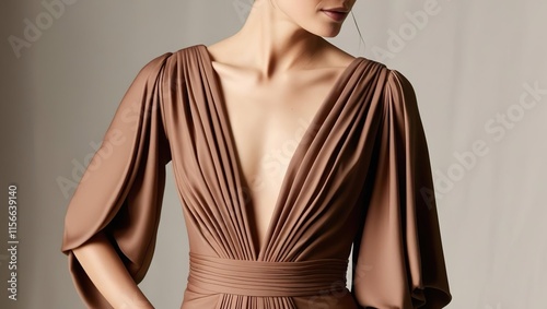 Mocha mousse fashion trend 2025, a fragment of a woman’s image in a beautiful elegant dress made of light shiny brown fabric with a beautiful open neckline