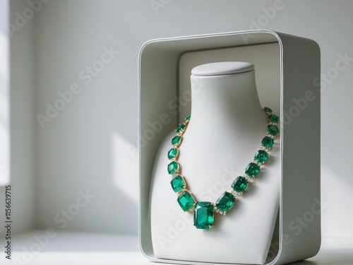 Elegant Green Gem Necklace Displayed in a Chic Showcase photo