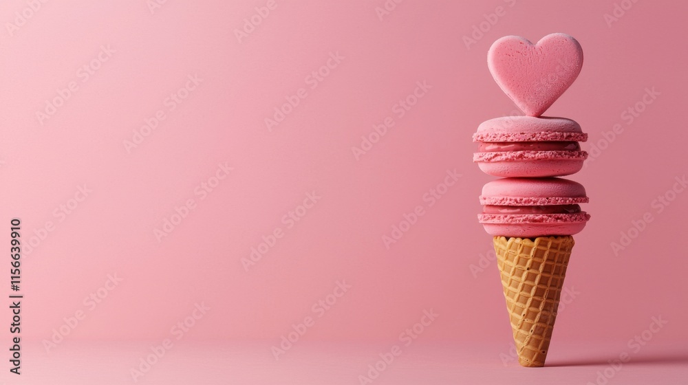 Valentine Ice Cream Cone Concept Pink macaron stack on a cone with a heart-shaped topper against a pastel background. Valentine Ice Cream Cone Concept Pink macaron stack on a cone with a heart-shaped topper against a pastel background.