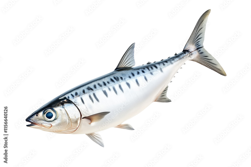 Fresh mackerel fish with detailed scales and fins isolated on white transparent background. Concept of seafood and marine life Fresh mackerel fish with detailed scales and fins isolated on white transparent background. Concept of seafood and marine life