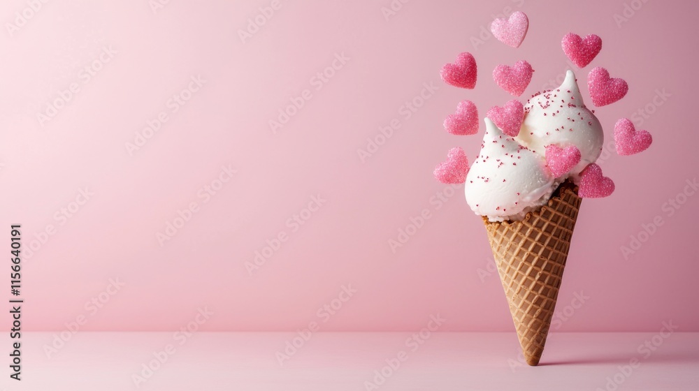 Valentine Ice Cream Cone Concept Ice cream cone with heart-shaped sprinkles against a pink background. Valentine Ice Cream Cone Concept Ice cream cone with heart-shaped sprinkles against a pink background.