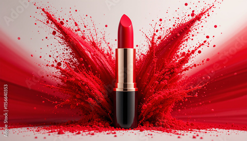 A red and black lipstick with red powder splash. A vibrant splash of lipstick red against a clean white background, creating a striking visual contrast.