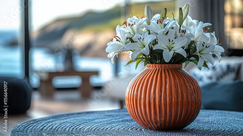 beachside dining table features coral inspired vase filled with white lilies, creating serene and elegant atmosphere. ocean view enhances tranquil setting photo