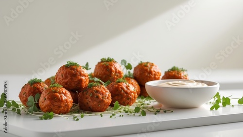 Spicy buffalo chicken meatballs with creamy dipping sauce and fresh garnish