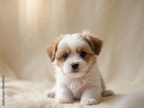 Adorable Small Puppy Sitting on Beige Background