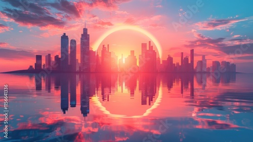 Vibrant sunset over a modern city skyline reflected in calm water, creating a surreal, ringed sun effect.