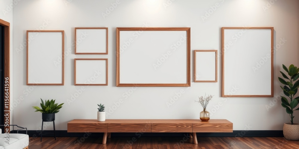 Fototapeta premium Modern Minimalist Gallery Wall with Wooden Frames and Console Table