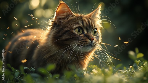Longhaired Tabby Cat Amidst Falling Leaves in Sunlight