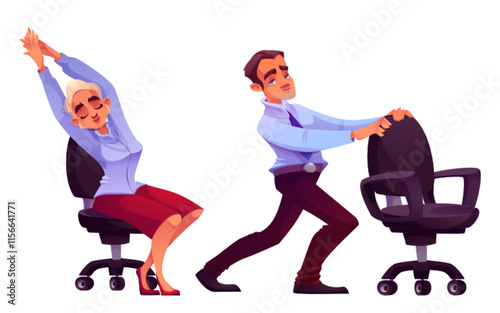 Office workers doing stretching exercises isolated on white background. Vector cartoon illustration of man and woman having yoga workout on break to relax, healthy lifestyle, fitness at workplace