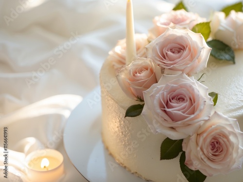 Milky white cake with rose flowers and candle photo