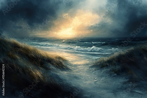 Dramatic Seascape Painting Dusk Over Sandy Shore