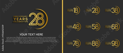 logo anniversary set. golden color with swoosh on black background for special event photo