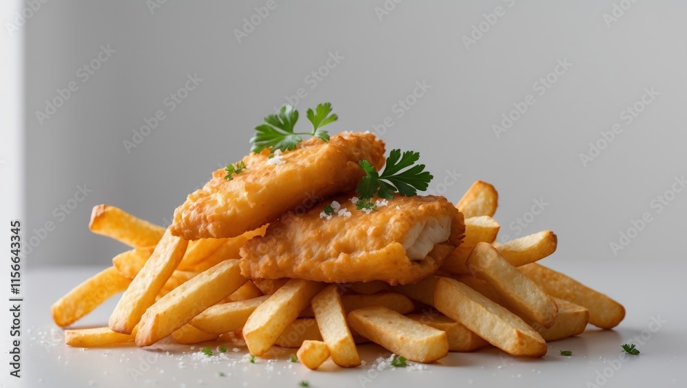Studio Shot of Fish and Chips - Crispy and Golden Classic Dish Studio Shot of Fish and Chips - Crispy and Golden Classic Dish