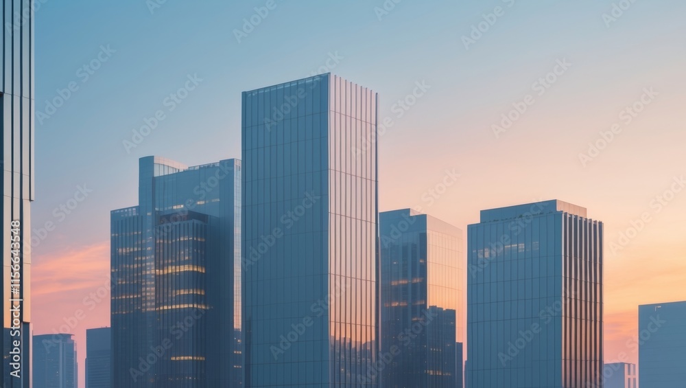 City buildings rise towards a twilight blue sky City buildings rise towards a twilight blue sky