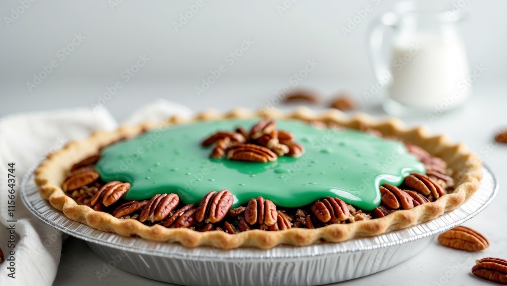 Delicious Pecan Pie with Green Glaze Topping in Aluminum Pan Delicious Pecan Pie with Green Glaze Topping in Aluminum Pan