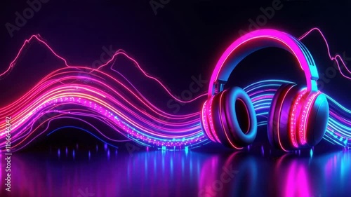 Vibrant neon waves and headphones on a digital background, fusion of music, music poster, music session photo