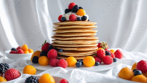 Tower of Pancakes Topped with Fresh Berries and Cream on Buffet Table