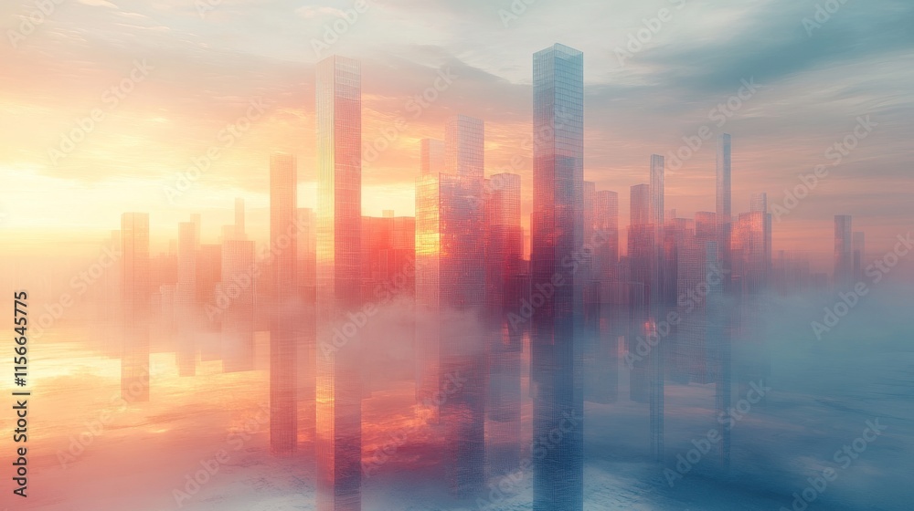 Futuristic city skyline reflected in calm water at sunset, shrouded in mist.